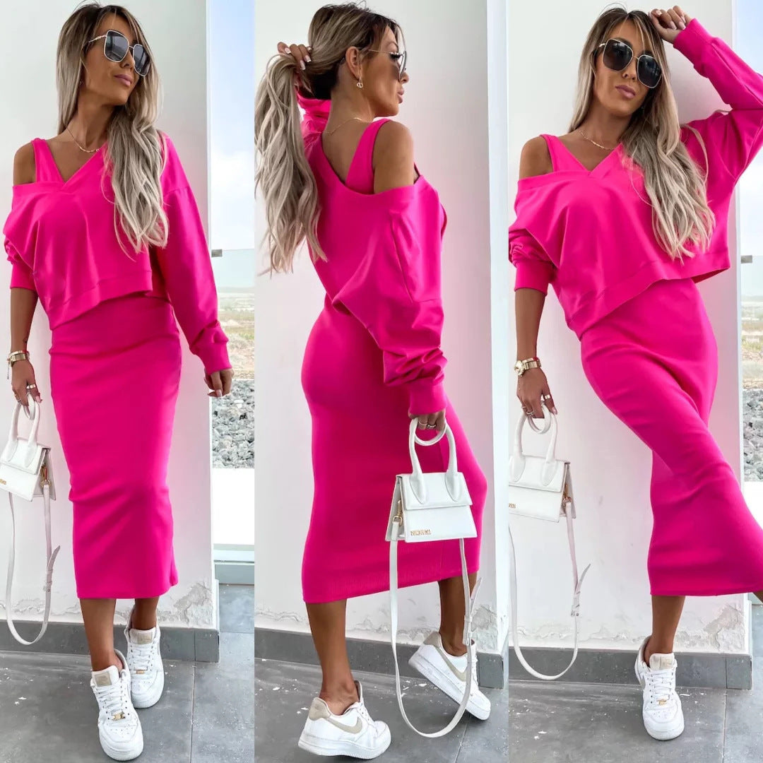 Damen weiches geripptes Lounge-Set mit Oversize-Viskoseshirt und High-Waist Schlaghose EB