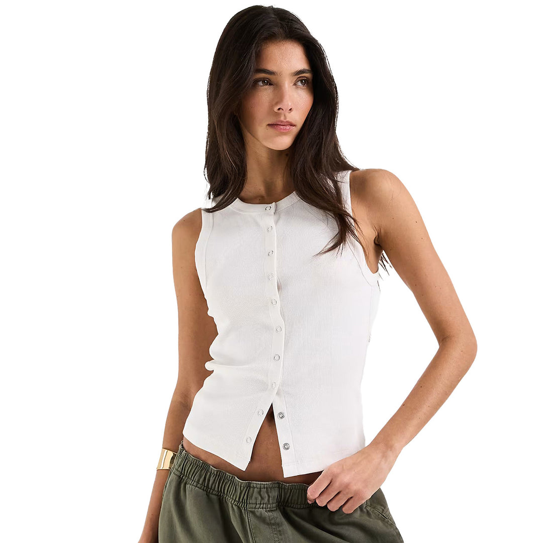 Damen Ärmelloses Rippenshirt mit durchgehender Knopfleiste EB