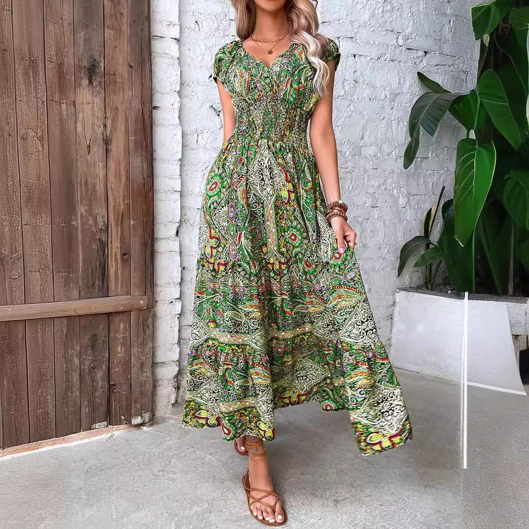 Damen Elegantes Maxikleid mit Floral- und Smock-Detail EB
