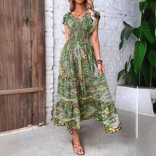 Damen Elegantes Maxikleid mit Floral- und Smock-Detail EB
