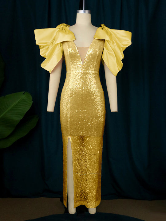 Damen Figurbetontes Glamour-Kleid mit schimmerndem Stoff und voluminösen Ärmeln EB