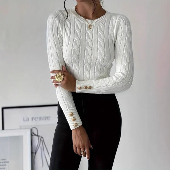 Damen Grobstrick Pullover mit dekorativen Knopfdetails EB