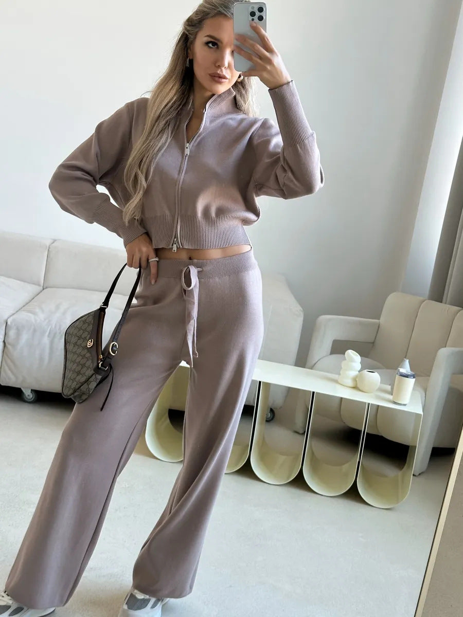 Damen gestricktes Lounge-Set mit kurzem Reißverschluss-Cardigan und weitem High-Waist-Jogginghose EB