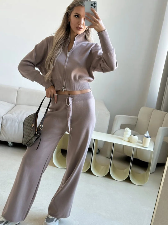 Damen gestricktes Lounge-Set mit kurzem Reißverschluss-Cardigan und weitem High-Waist-Jogginghose EB