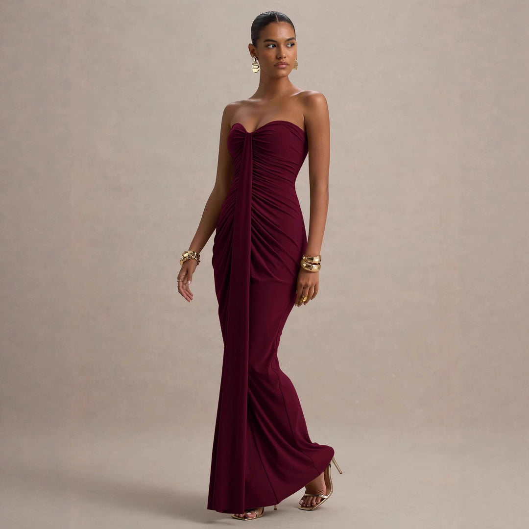 Damen Maxikleid mit schickem trägerlosem Design und figurschmeichelnder Raffung EB