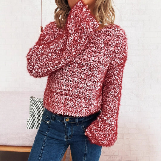 Damen kuscheliger Strickpullover mit auffälligem Flauschdesign und weitem Schnitt EB