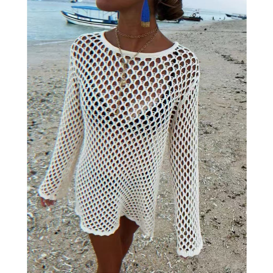 Damen luftiger Häkel-Strandüberwurf mit weiten Ärmeln und asymmetrischem Saum EB