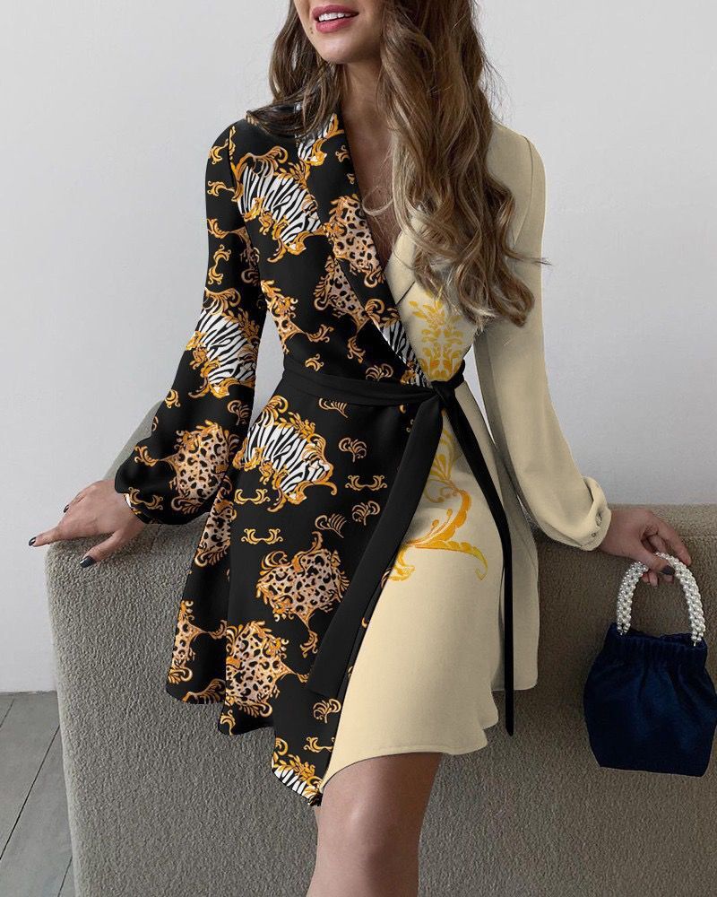 Damen Wickelkleid mit eleganten langen Ärmeln und seitlichem Schlitz EB