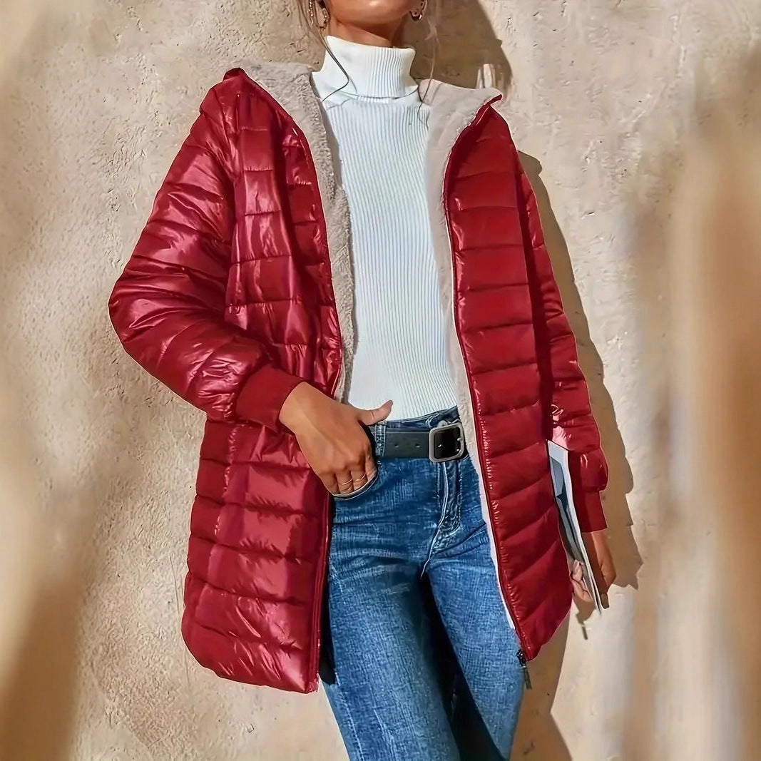 Damen Langer Steppmantel mit Teddyfutter und Kapuze EB