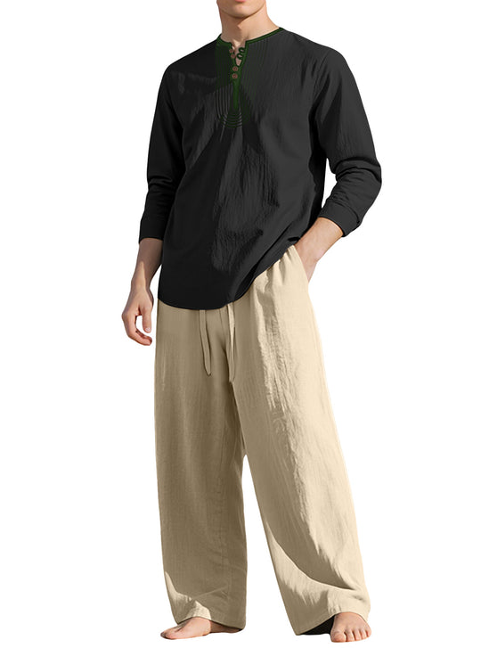 Herren nan Tunika- und Palazzohose-Set mit Henley-Blende, Zierstickerei und weitem Schnitt EB