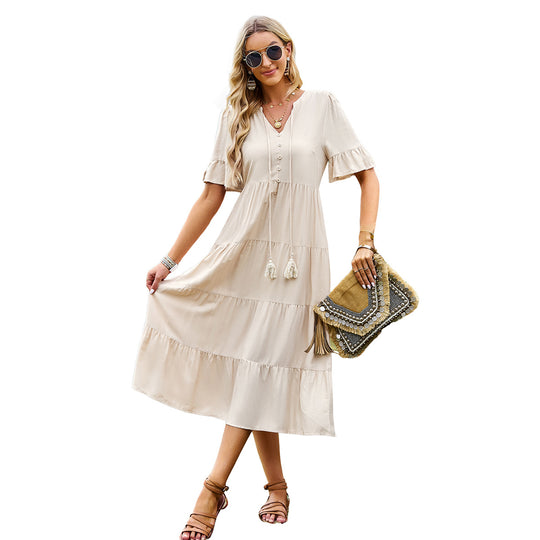 Damen Midikleid mit fransigen Akzenten und Button-Down-Verschluss EB