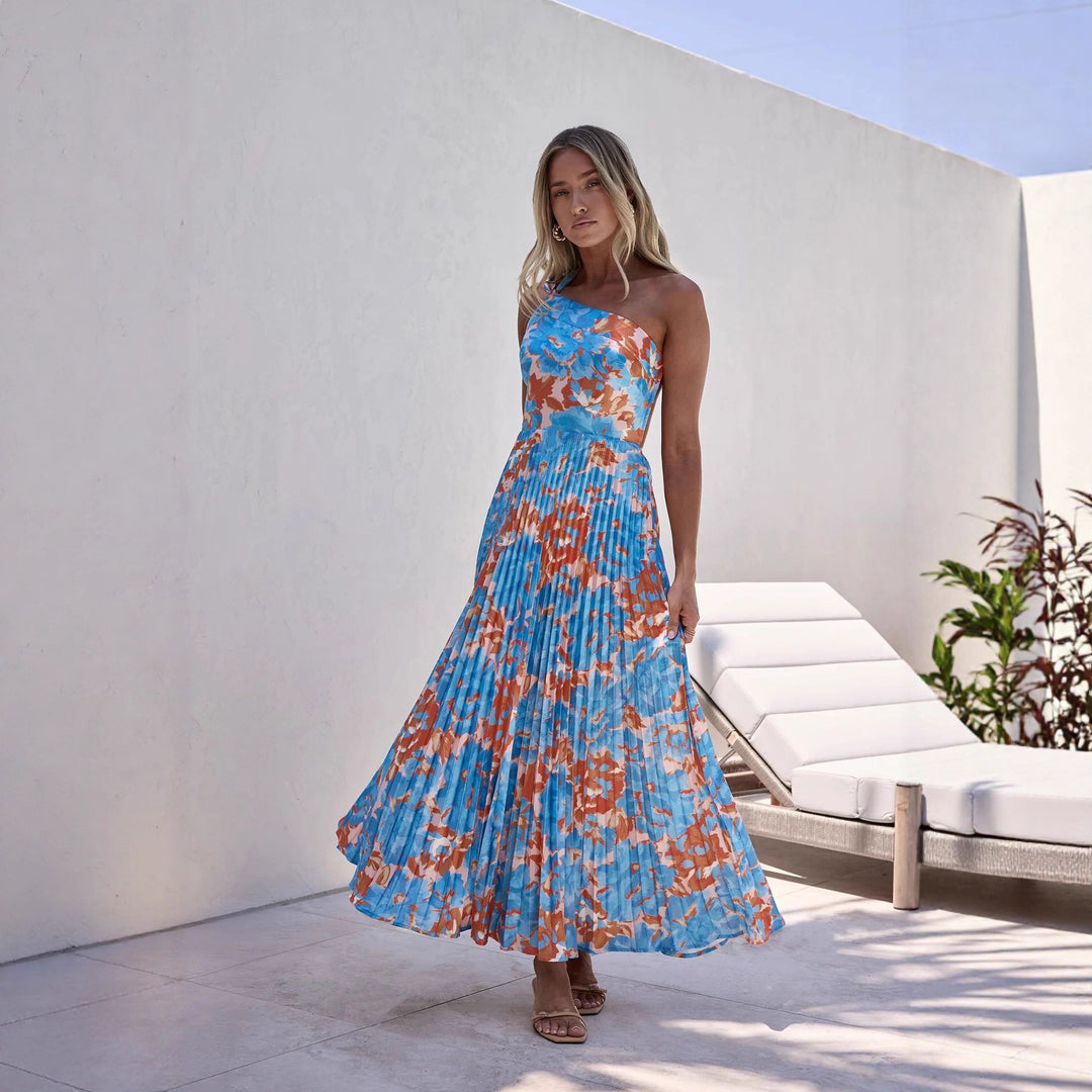 Damen Maxikleid mit schwingendem Faltenrock und femininem Floral-Design EB