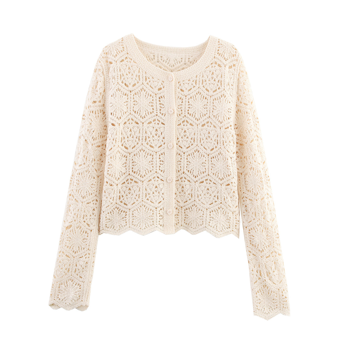 Damen lässige Strickjacke mit floralem Lochmuster und Knopfleiste EB