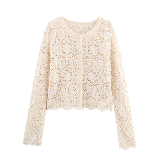 Damen lässige Strickjacke mit floralem Lochmuster und Knopfleiste EB