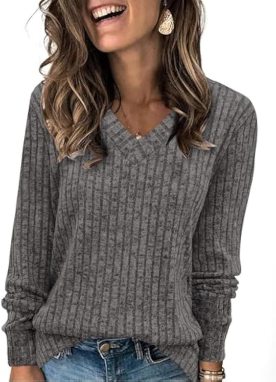 Damen gerippter V‑Ausschnitt Feinstrickpullover mit längerem Arm EB