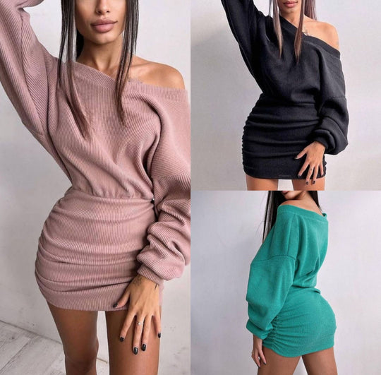 Damen lässiges Mini-Kleid mit asymmetrischem Ausschnitt und Raffung EB
