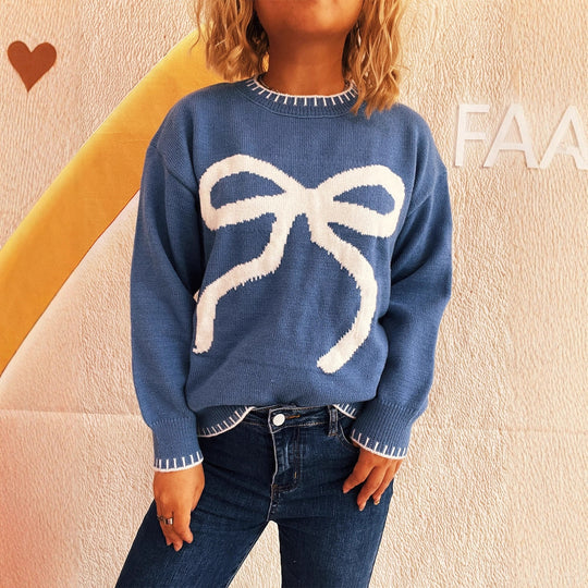 Damen Strickpullover mit verspieltem Schleifenmotiv und elegantem Abschluss EB