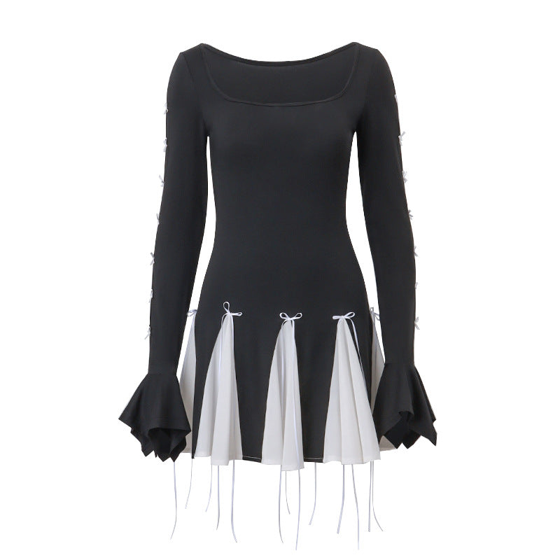 Damen Skaterkleid mit kontrastierenden Rüschendetails und lange Ärmel EB