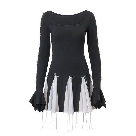 Damen Skaterkleid mit kontrastierenden Rüschendetails und lange Ärmel EB