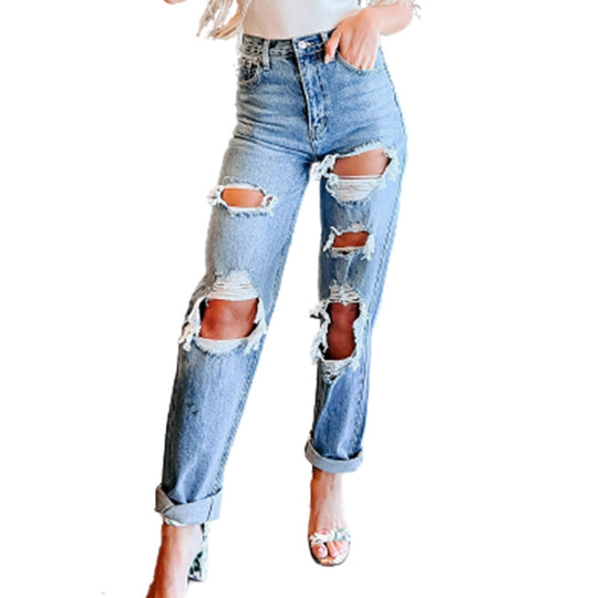 Damen Destroyed Boyfriend Jeans im lässigen Schnitt mit hohem Bund EB