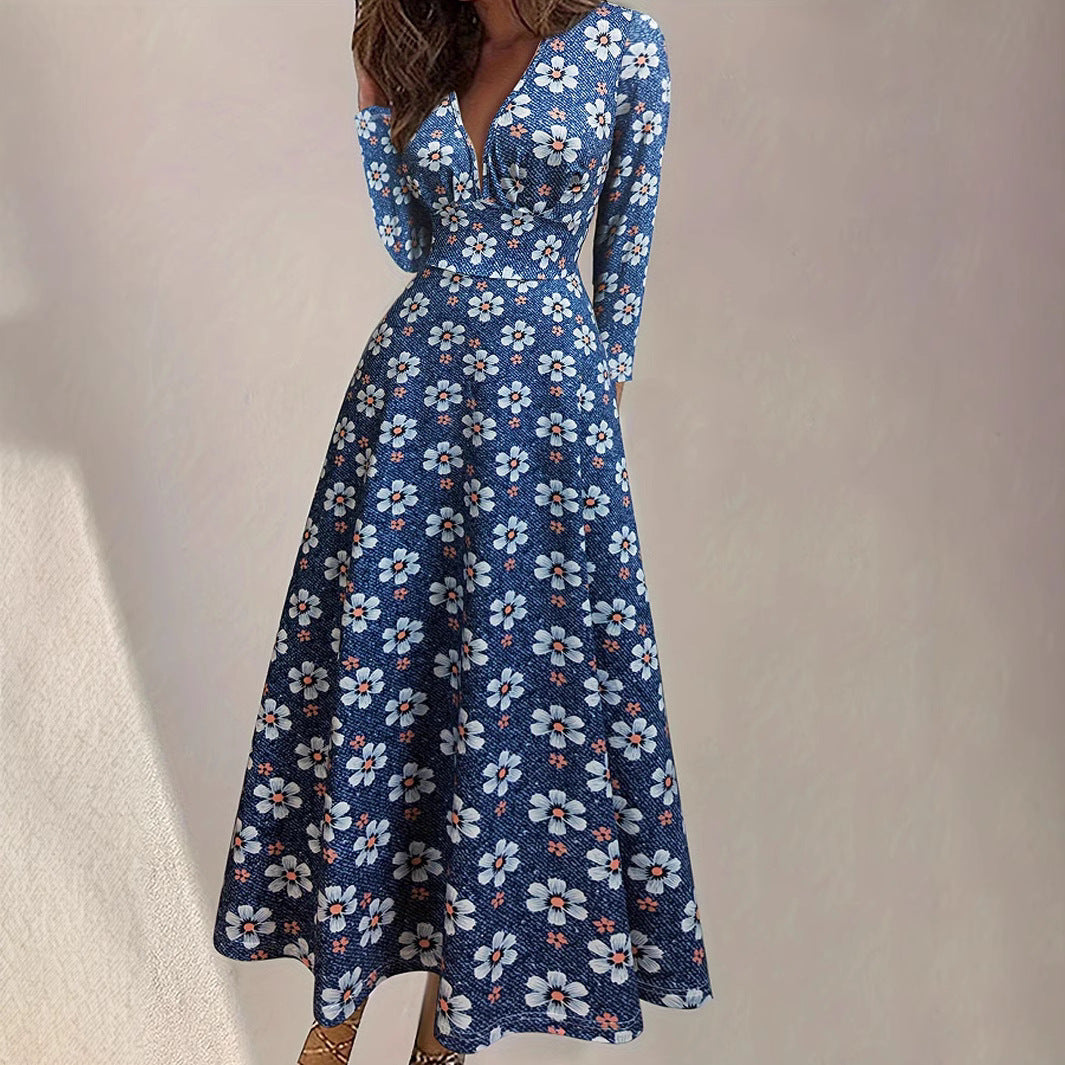 Damen Maxi-Kleid mit schmeichelndem V-Ausschnitt und floralen Details EB