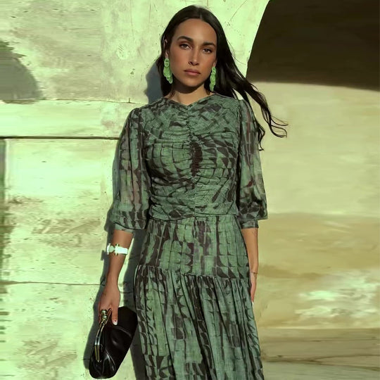 Damen Midikleid mit raffinierten Falten und V-Ausschnitt EB