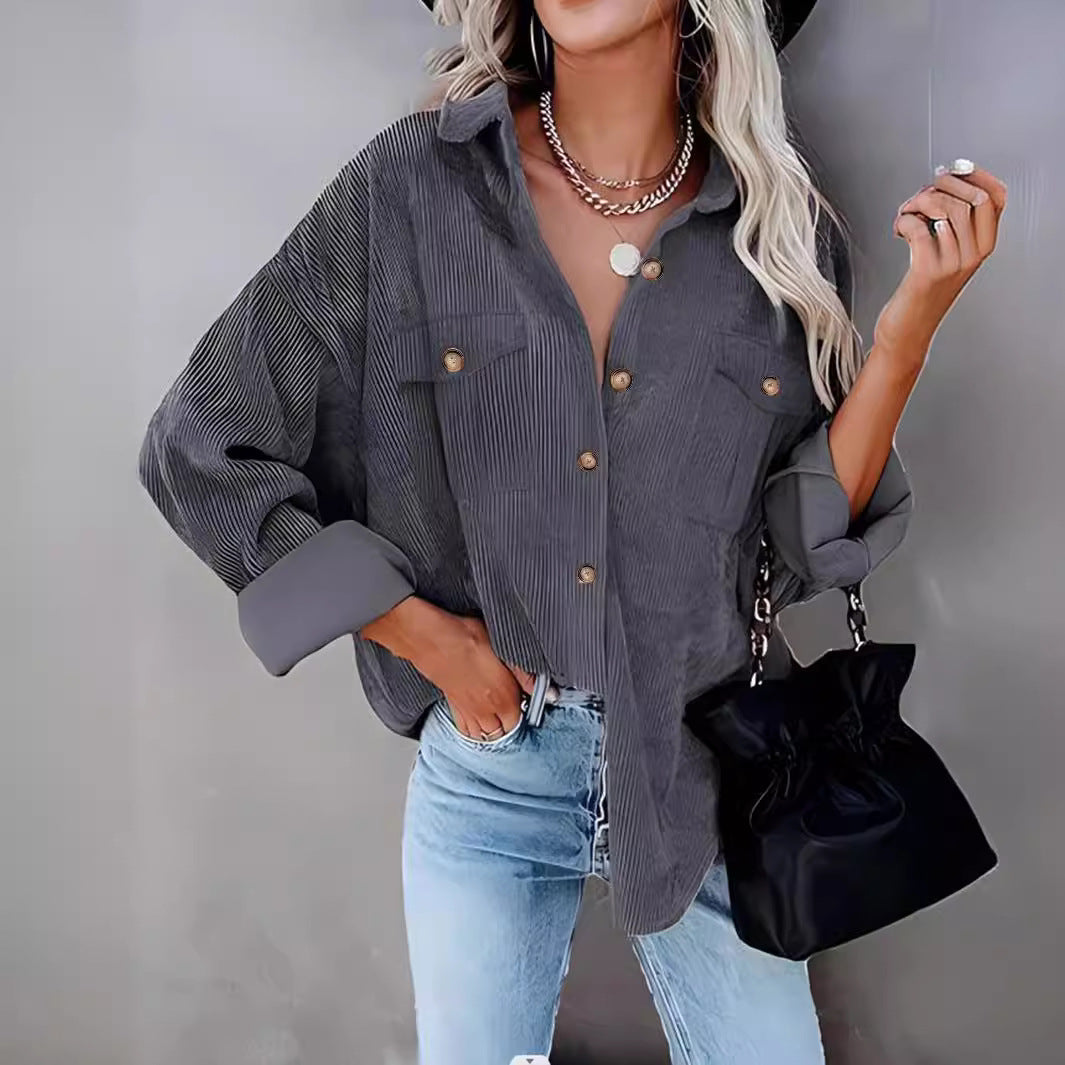 Damen lässige Kordjacke mit Knopfverschlüssen und Taschen EB