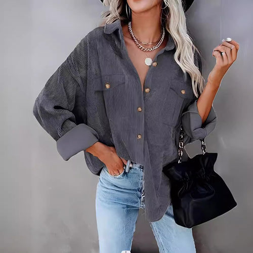 Damen lässige Kordjacke mit Knopfverschlüssen und Taschen EB