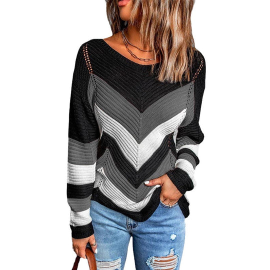 Damen Modischer Strickpullover mit Chevron-Muster und lockerer Passform EB