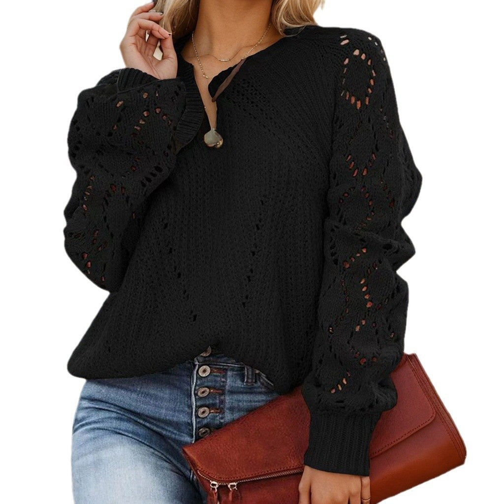Damen Strickpullover mit romantischem Lochmuster und weiten Ärmeln EB