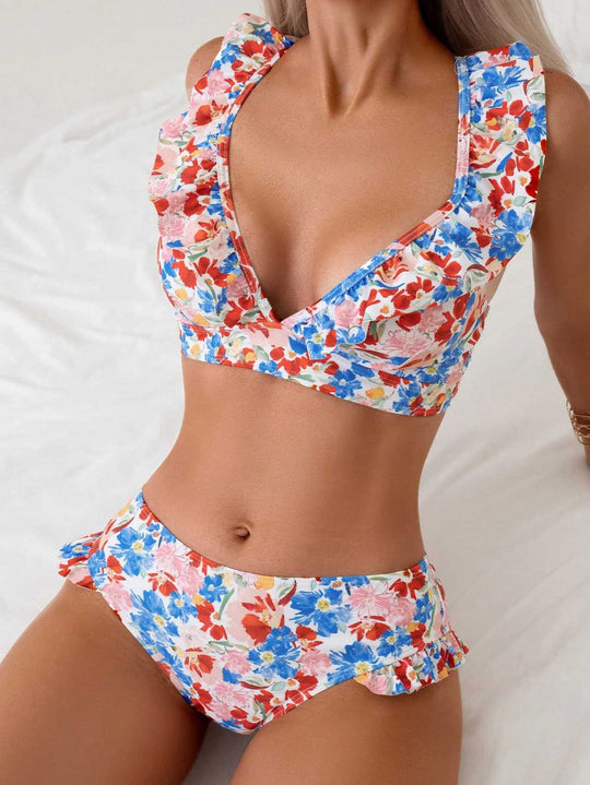 Damen Badeset mit Rüschen und floralem Muster EB