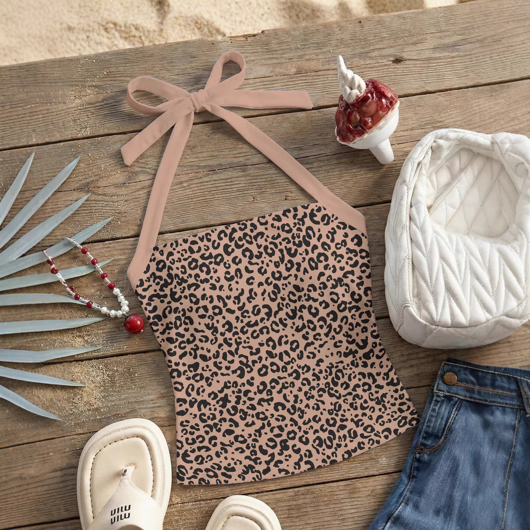 Damen Neckholder Top mit verspieltem Leopardenmuster EB
