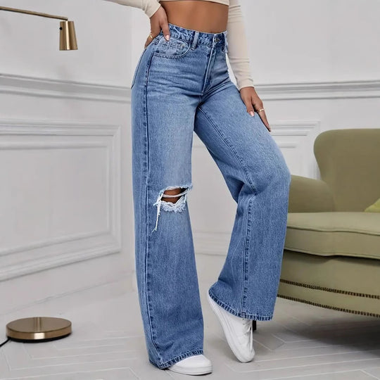 Damen Weite High-Waist Jeans mit modischen Rissdetails EB