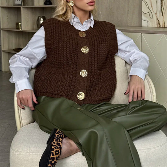 Damen Strickweste mit eleganten Knöpfen und praktischen Taschen EB