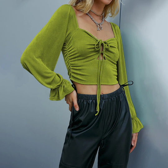 Damen gerafftes Crop-Top mit Herz-Bustier, Knoten-Detail und voluminösen Trompetenärmeln Eichborn Berlin