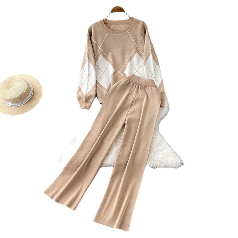 Damen elegantes Strick-Loungewear-Set mit Rautenmuster und weitem Bein EB