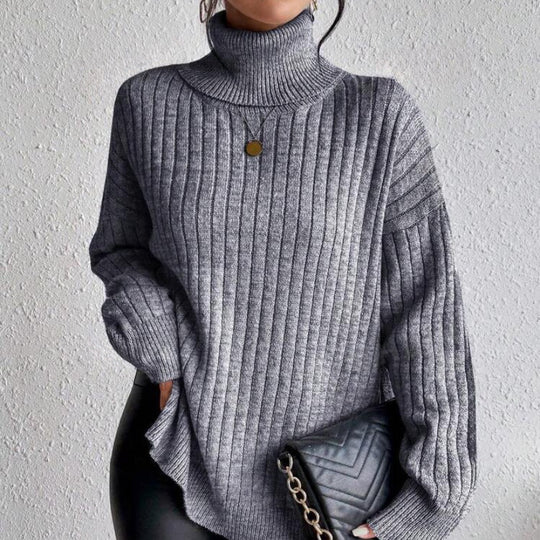 Damen Modischer Rippstrickpullover mit hohem Kragen und lässigem Schnitt EB