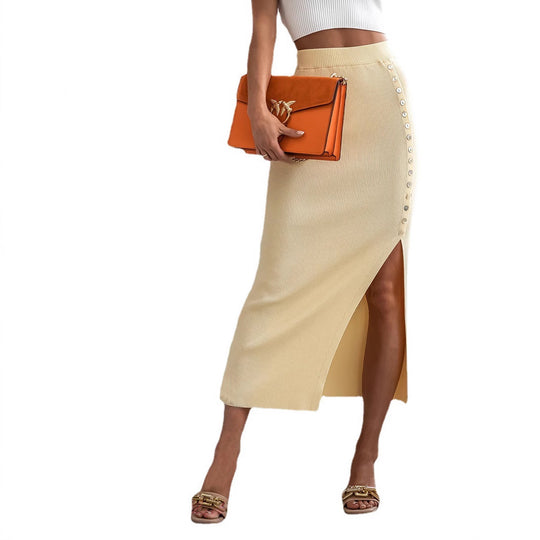 Damen Eleganter Strickrock mit Knopfdetail und Schlitz EB