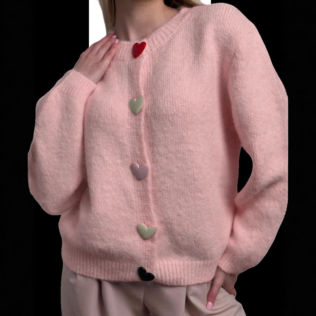Damen lockerer Strickpullover mit herzförmigen Knöpfen und weitem Schnitt EB
