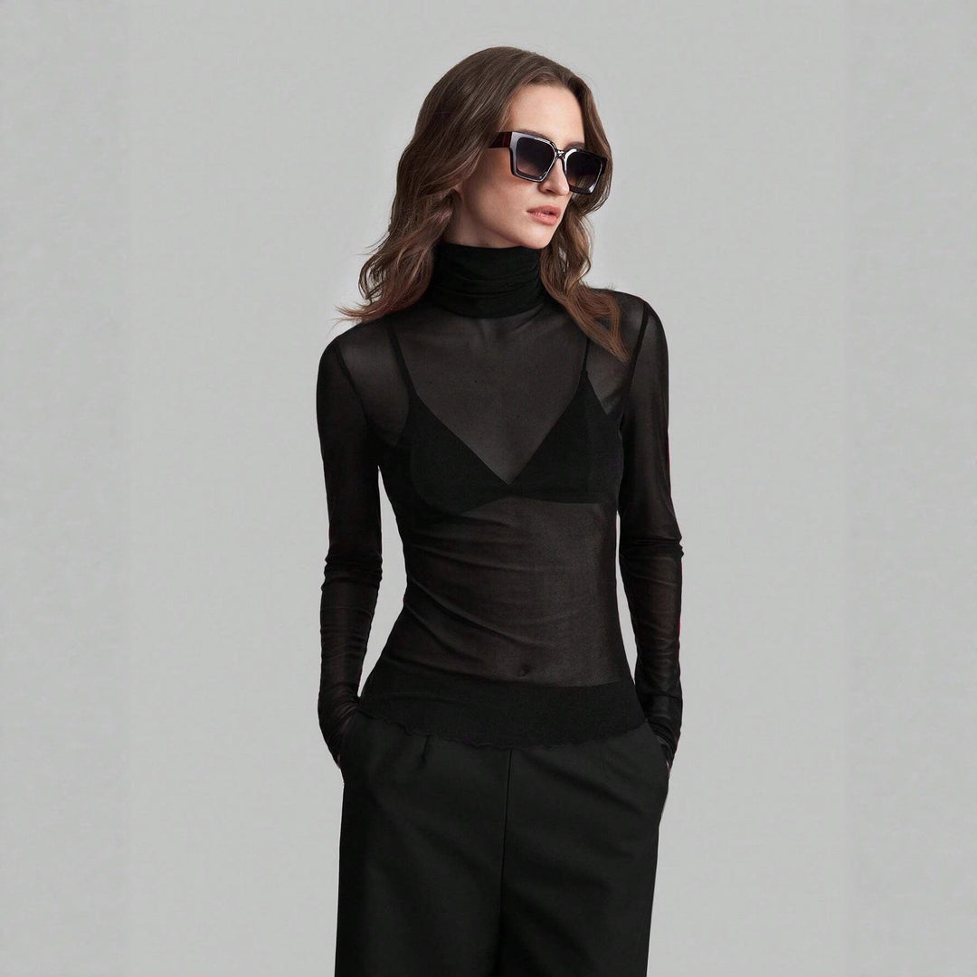 Damen nan feines transparentes Mesh-Langarmtop mit Rollkragen und figurbetonter Passform EB