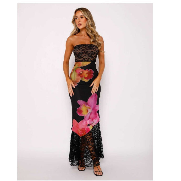Damen Off-Shoulder Spitzenkleid mit Floral-Akzenten und transparentem Unterstoff EB