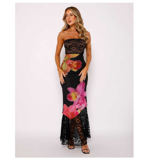 Damen Off-Shoulder Spitzenkleid mit Floral-Akzenten und transparentem Unterstoff EB