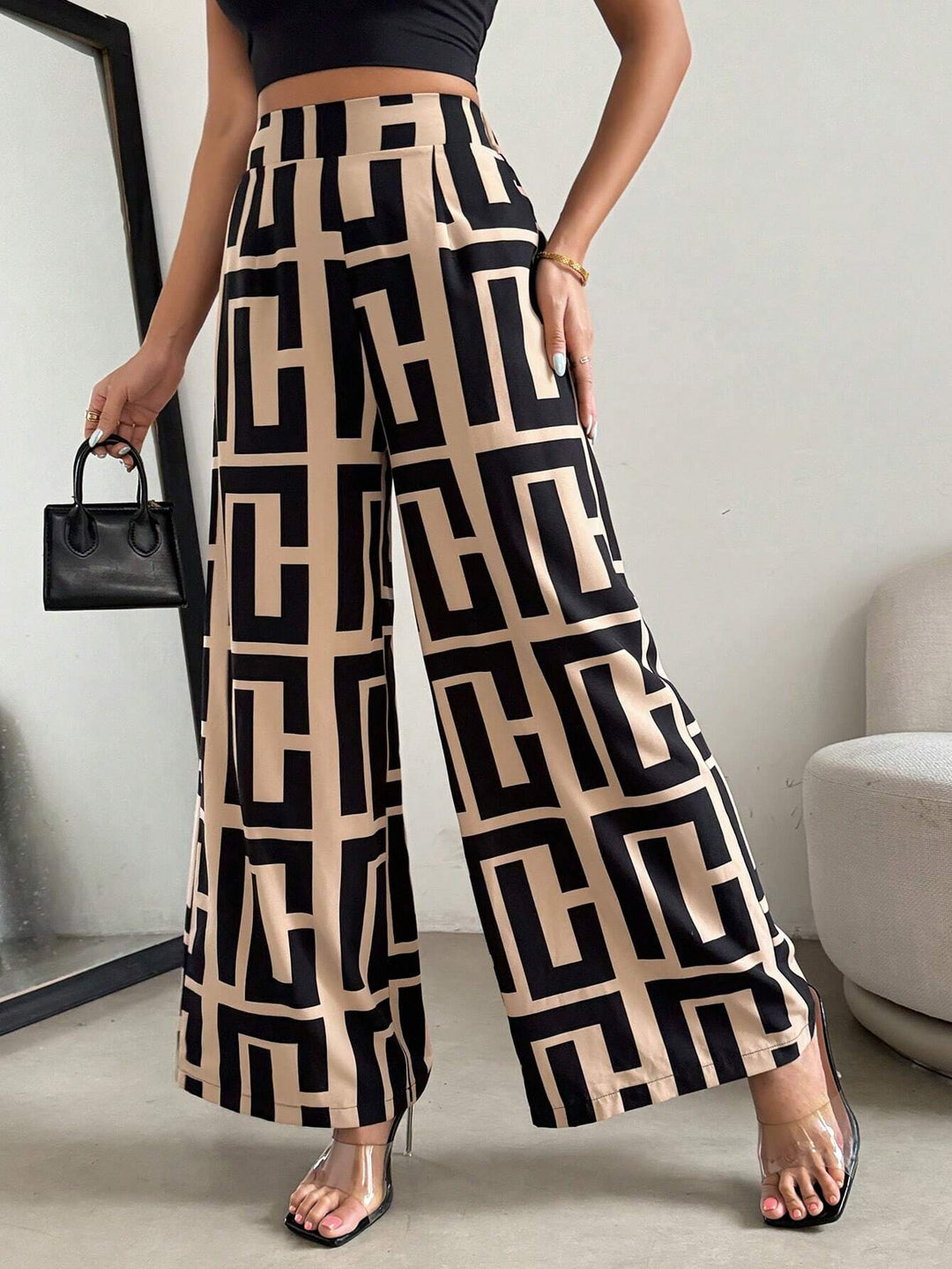 Damen Modische Palazzo-Hose mit grafischem Muster EB