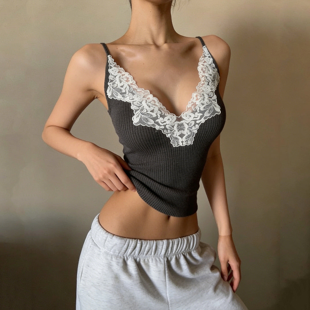 Damen Elegantes Top mit Spitzenverzierung und tiefem V-Ausschnitt EB