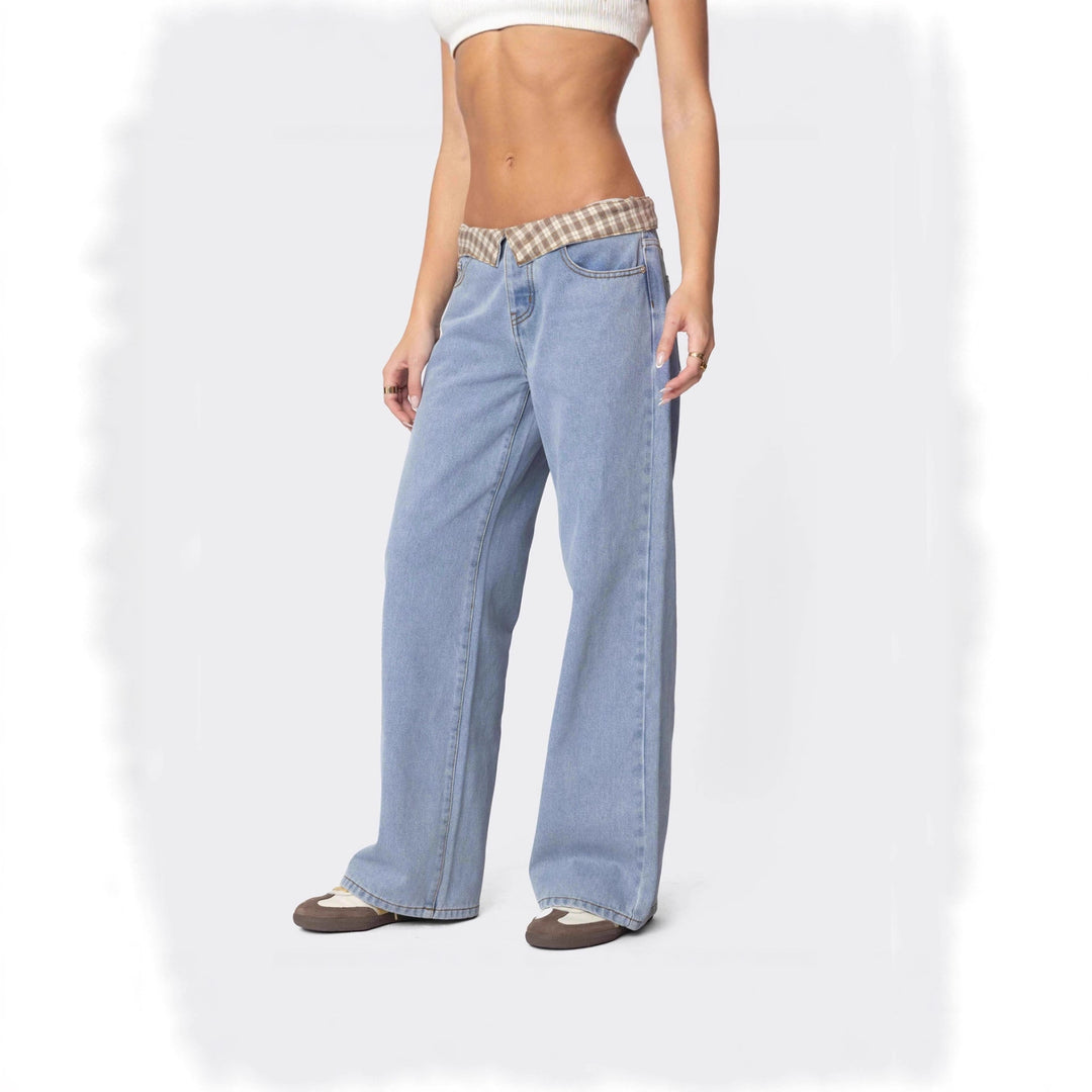 Damen nan weite Schlagjeans mit umgeschlagenem Karobund und klassischem Five-Pocket-Schnitt EB