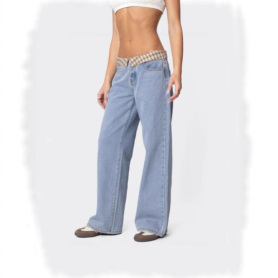 Damen nan weite Schlagjeans mit umgeschlagenem Karobund und klassischem Five-Pocket-Schnitt EB