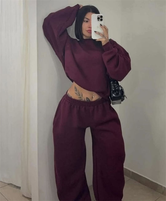 Damen Cropped-Sweatshirt mit hohem Rundhalsausschnitt und elastischer Tunnelzug Wide-Leg Jogginghose Set Eichborn Berlin