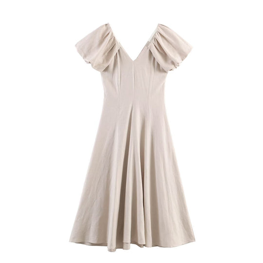 Damen V-Ausschnitt Kleid mit voluminösen Puffärmeln und schwingendem Rock EB
