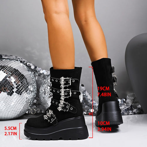 Damen Wedge-Stiefeletten mit modischen Schnallen und rutschfester Sohle EB