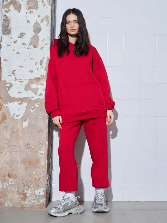Damen lässiges Kapuzen-Sweatset aus schwerer Baumwollfleece mit Kängurutasche und gerader Jogginghose EB